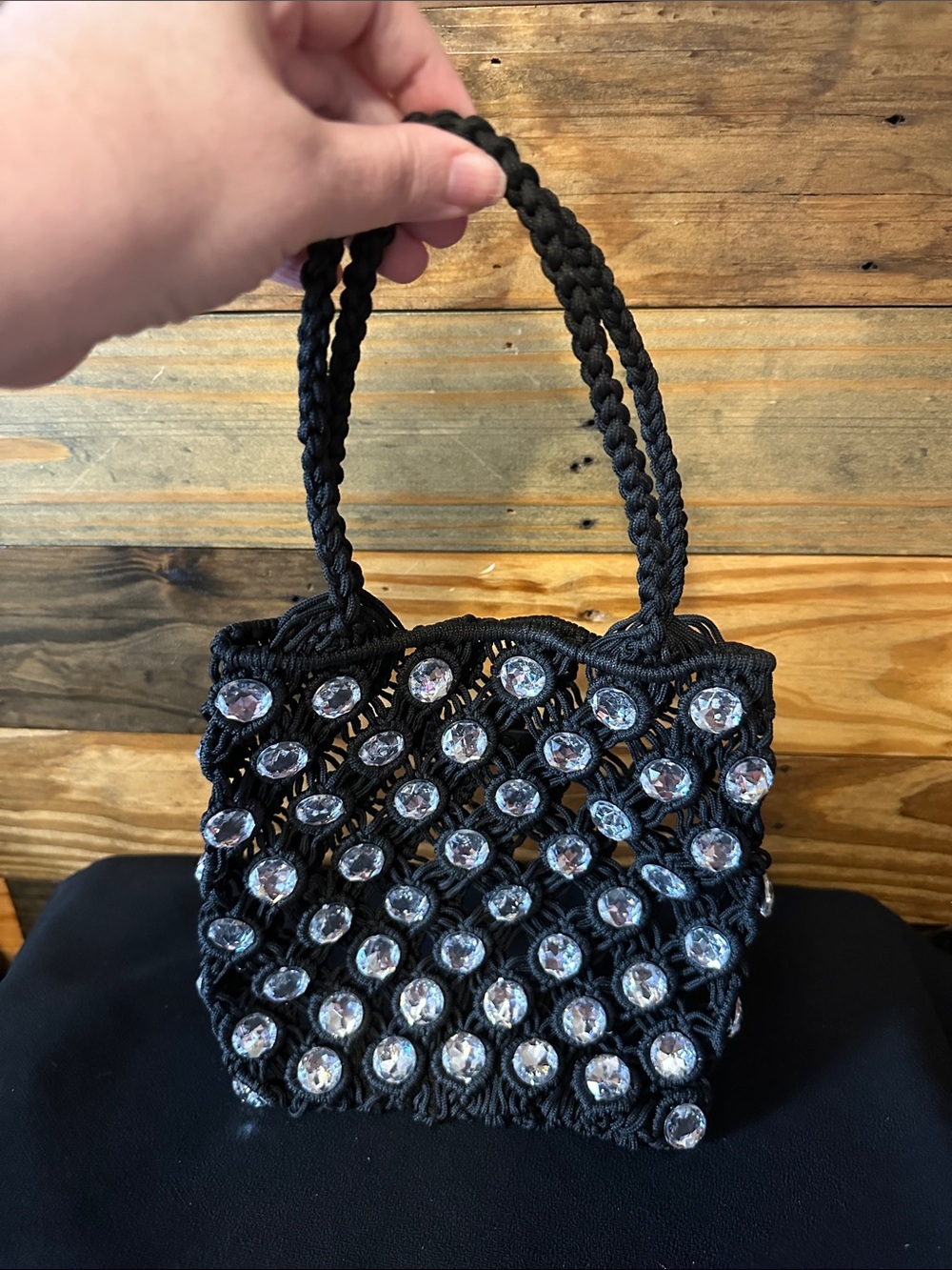 Zara Black Beaded Mini Handbag with Crystal Studs